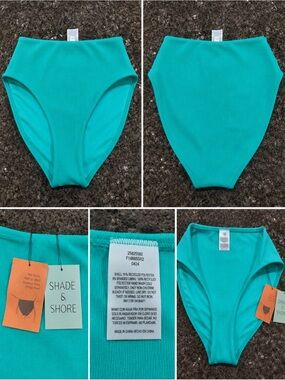 Shade & Shore Ribbed High-Waist Bikini Bottom in Teal Blue-Green